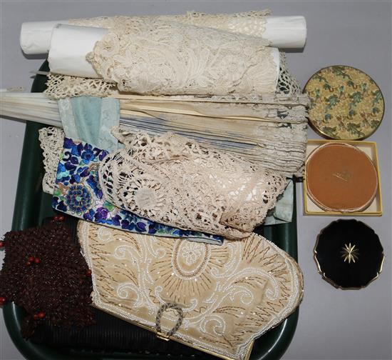 Lace collars, fan, 2 evening bags, Chinese embroidery